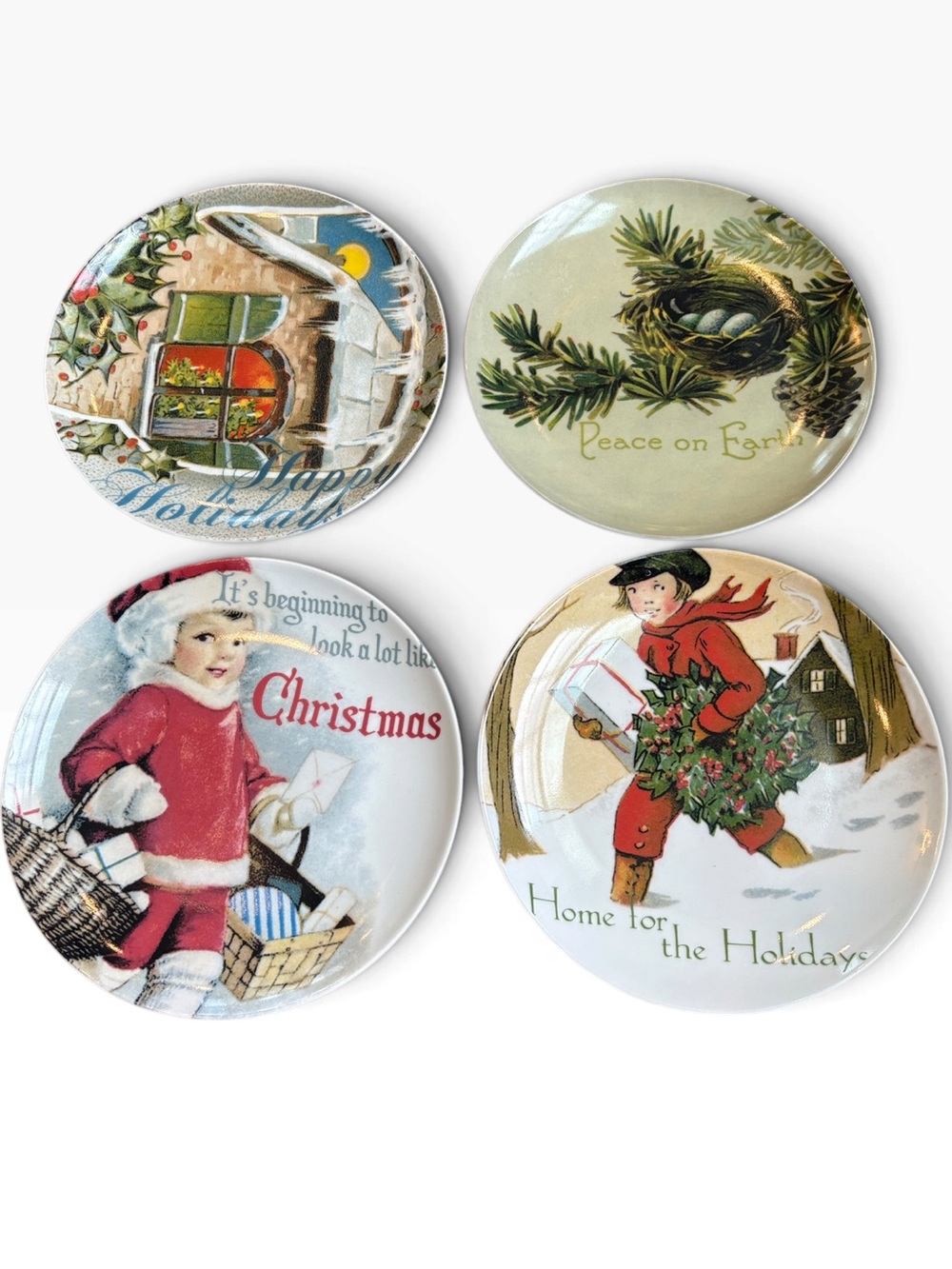 Pottery Barn Christmas Plates Dessert/Salad Set of 4 Holiday 8.25” Nostalgic